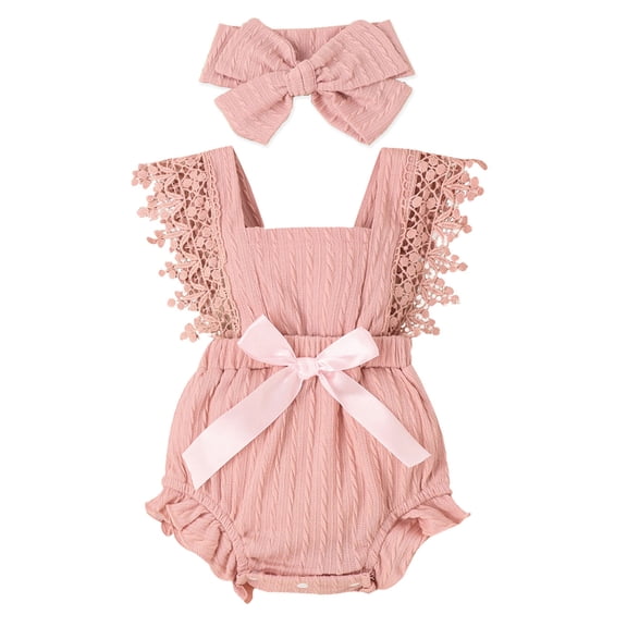 WIBACKER Baby Girls Cotton Jacquard Playsuits Ruffled Bodysuit Headband Sleeveless Romper Bowknot Jumpsuit Infant Summer Clothes