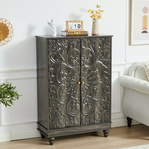 Wirrytor Vintage Sideboard with 2 Doors, Embossed Pattern Storage Cabinet, Antique Black Accent Furniture for Home Office and Bedroom, Space Saving Credenza with High Feet for Easy Cleaning