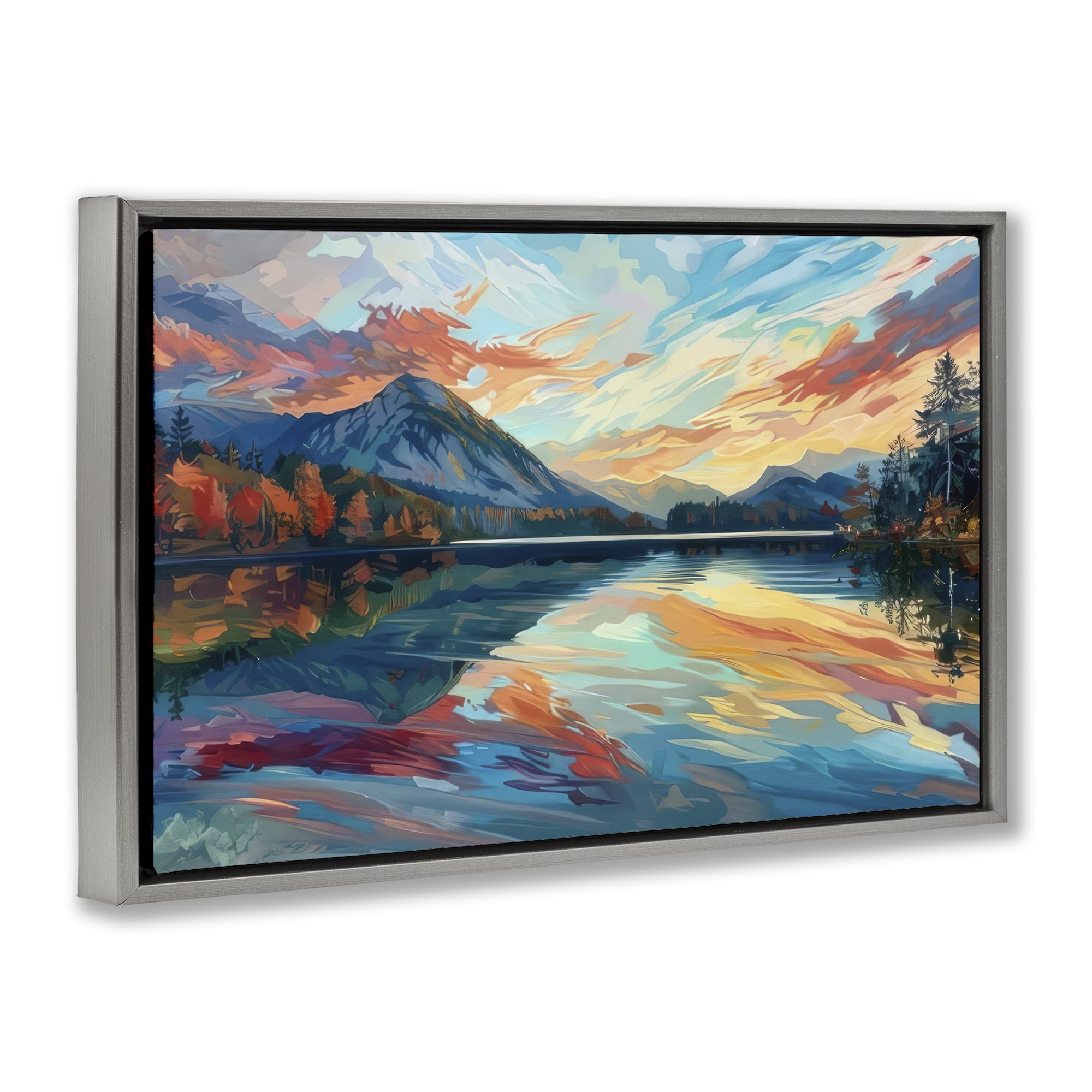 Stupell Industries Abstract Swirled Lake & Mountain Landscape & Nature Painting Gray Floater Framed Canvas Art Print Wall Art, 25 x 17