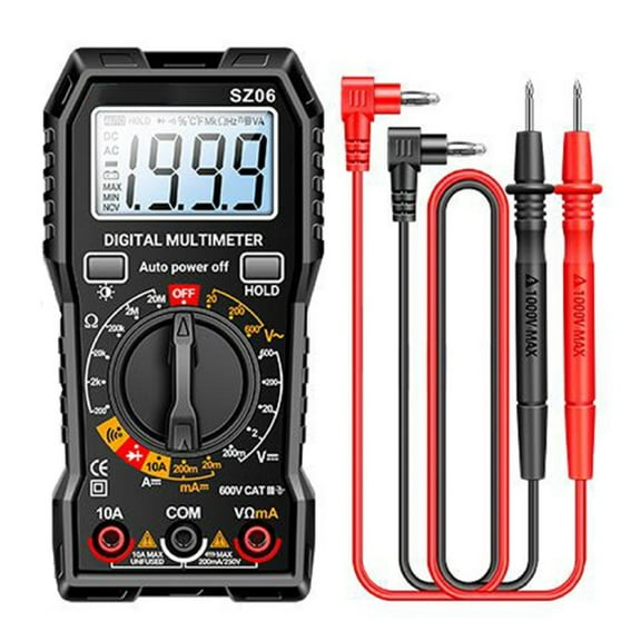 Sz06 Digital Multimeter 1999 Counts With Backlit Lcd, Ac Dc Voltage Current Resistance Diode Continuity Tester, Portable Handheld Multimeter For Electrical Testing Home Use Black