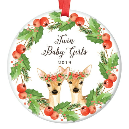 Twin Baby Girls Deer Christmas Ornament 2019, Newborn Twins Babies Xmas Present for New Mommy Daddy Parents Doe Floral Wreath Ceramic Porcelain Keepsake 3