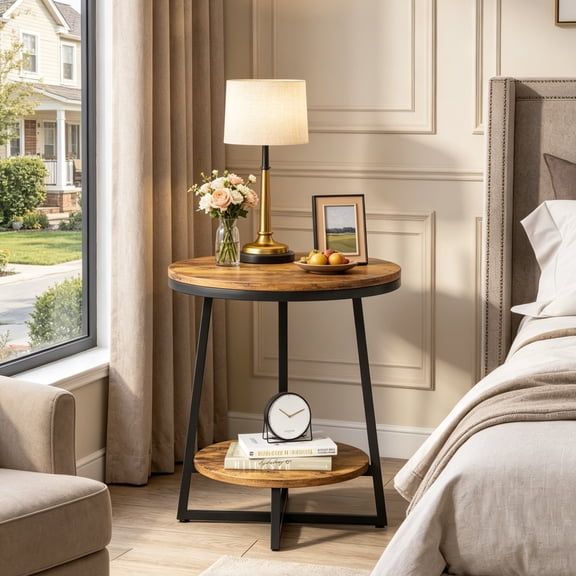 Fnova 2-Tier Round End Table with Storage Shelf, Industrial Sofa Side Table, Nightstand Bedside Table, Accent Coffee Table for Living Room, Bedroom, Small Spaces, Apartment, Rustic Brown