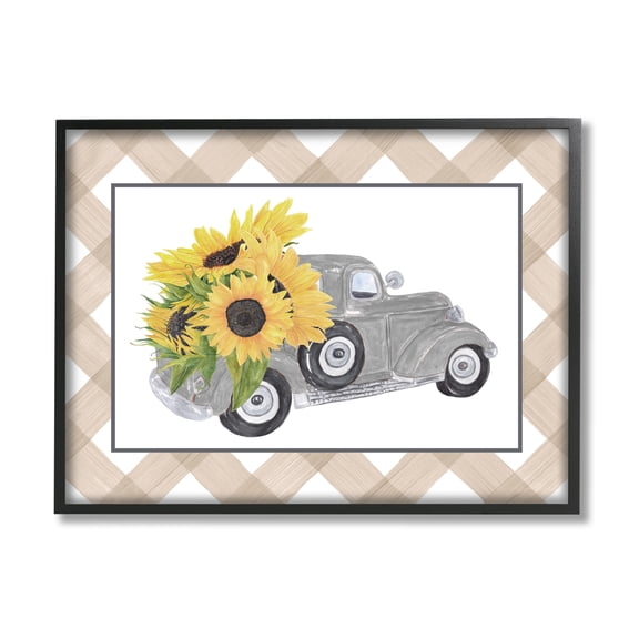 Stupell Industries Country Vintage Truck Carrying Sunflowers Plaid Border Graphic Art Black Framed Art Print Wall Art, Design by Lettered and Lined