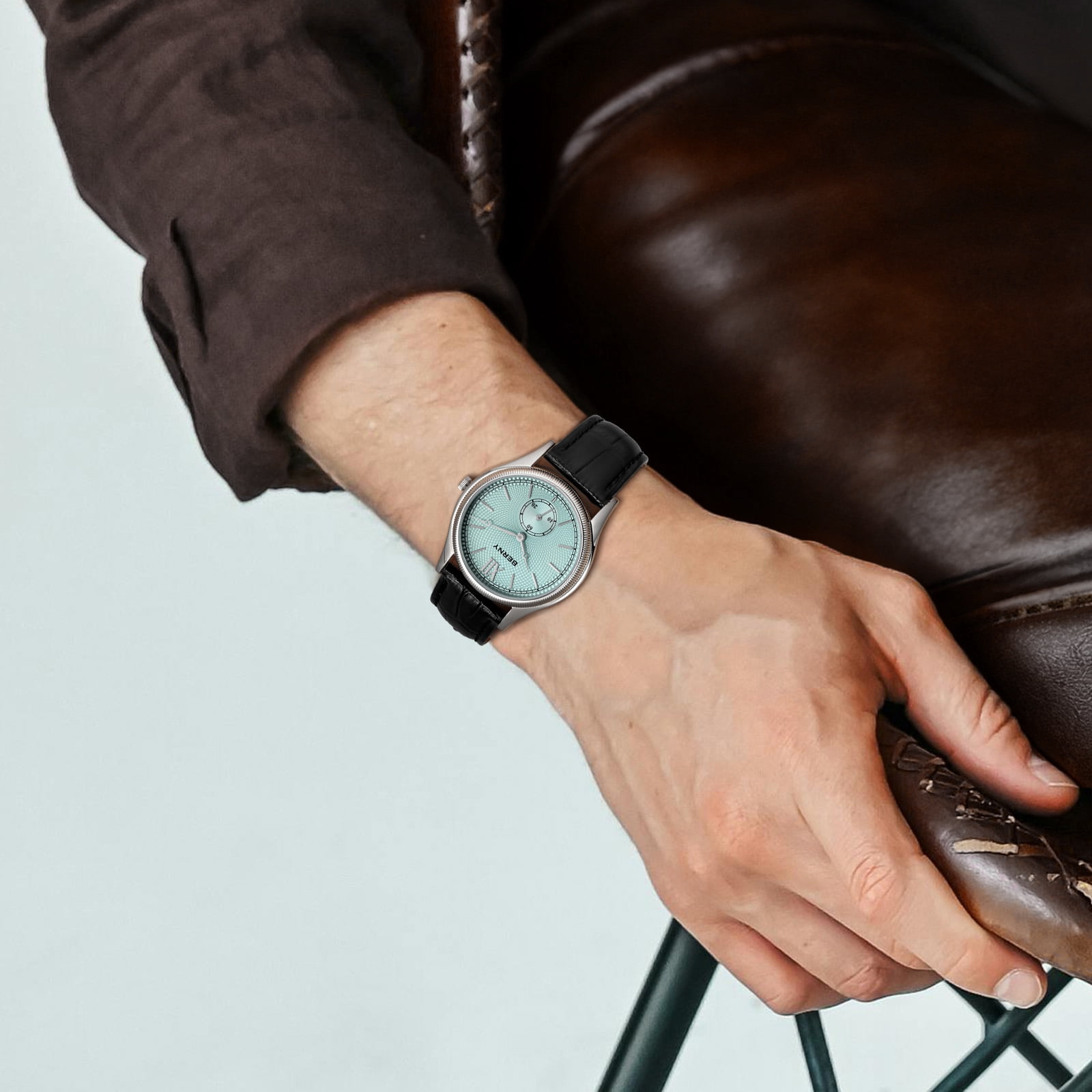 BERNY Silver Watch for Men, Ultra-Thin Minimalist Leather Watch, Stainless Steel Case, Waterproof Analog Quartz Watch, Business Dress Watches with Small Seconds (Light Blue)