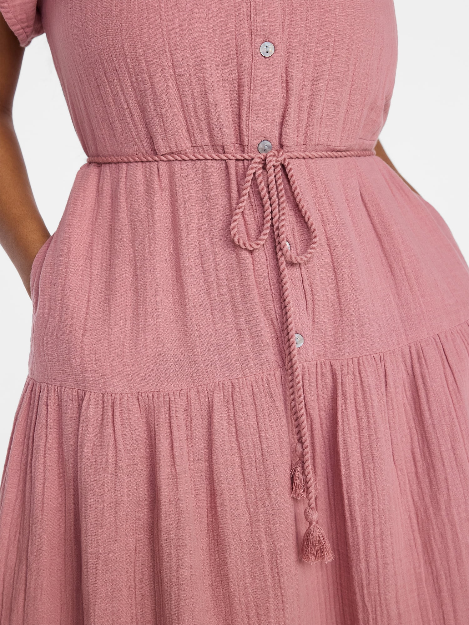 Time and Tru Women's Cotton Double Cloth Midi Dress with Short Flutter Sleeves, Sizes XS-XXXL