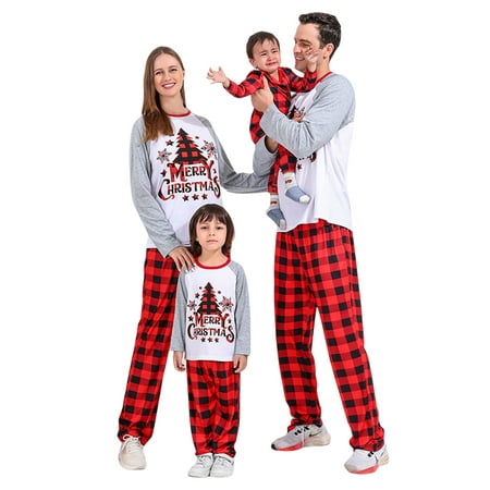

Matching Family Christmas Sleepwear Xmas Tree Plaid Print Long-Sleeved Tops Trousers/One-Piece Jumpsuit