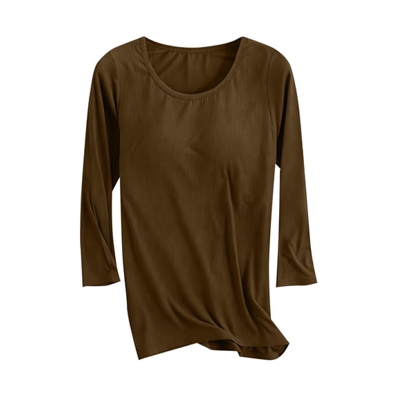 Women 3/4 Sleeve Tops with Built in Bra Rib-knit Scoop Neck Workout Yoga Basic Tee Gym Casual T-Shirts Shelf Bra (XL, Brown)