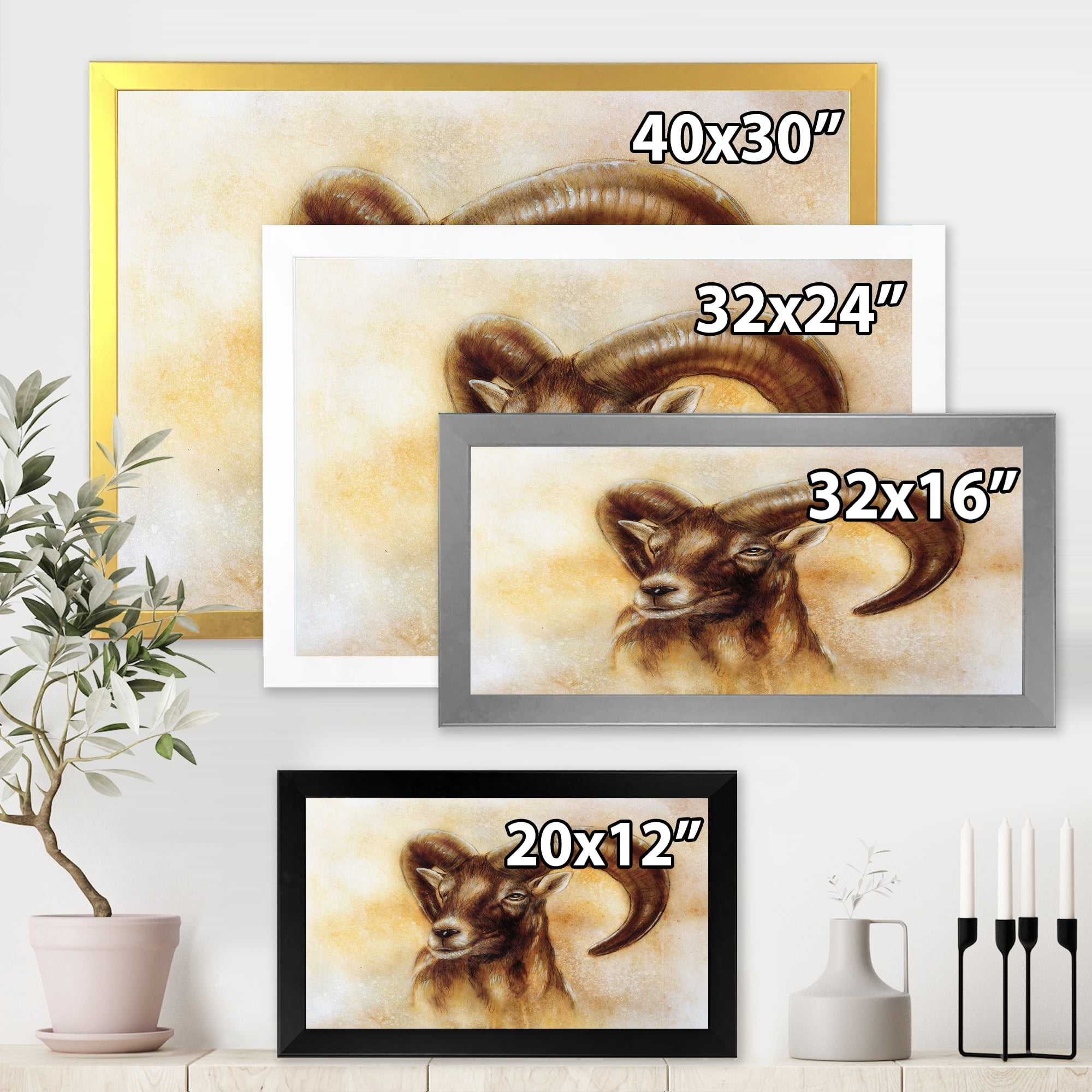 Designart 'Abstract Portrait of Wild Ram With Mighty Horns I' Modern Framed Art Print