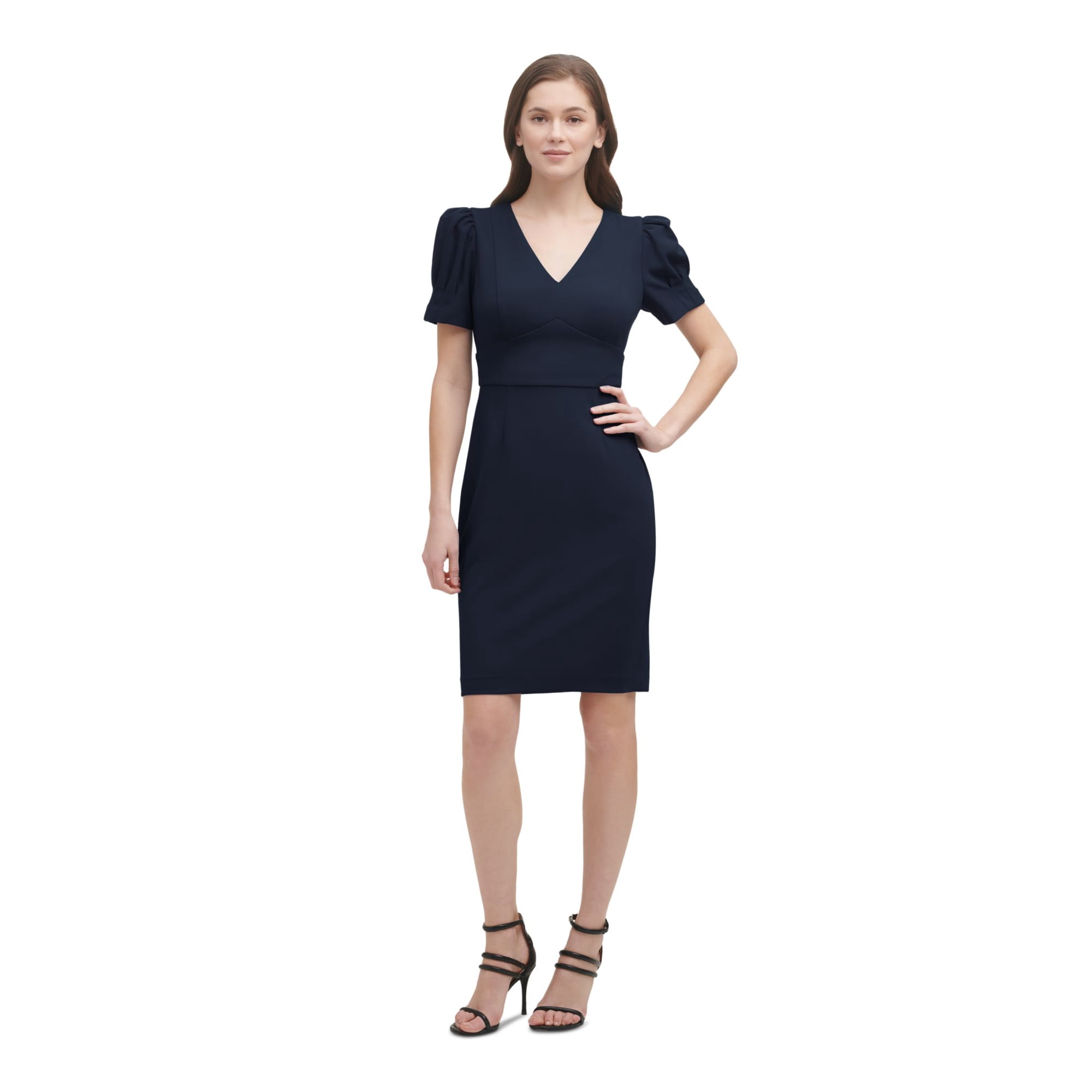DKNY Womens Navy Zippered Unlined Pouf Sleeve V Neck Above The Knee Wear To Work Sheath Dress Petites 6P