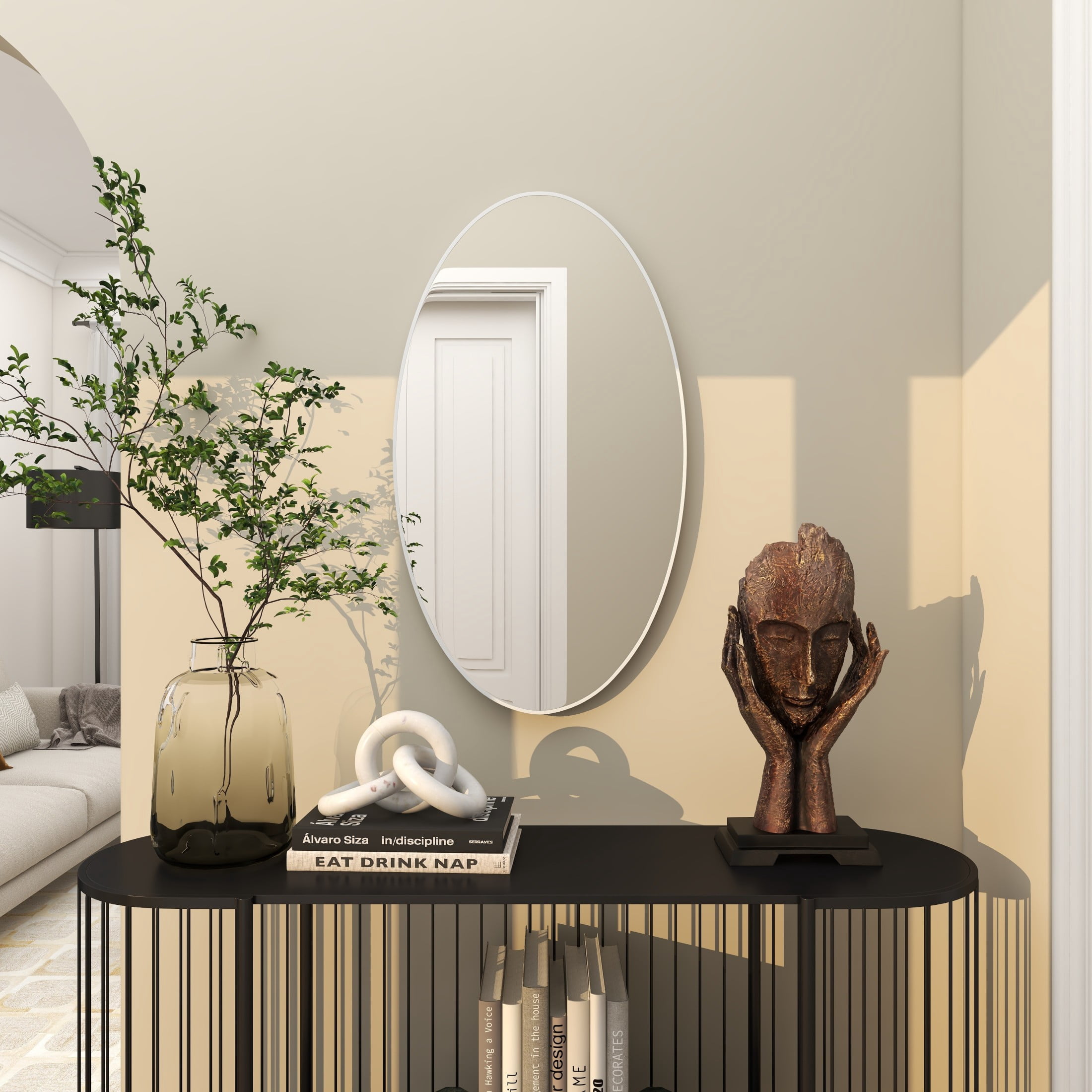 DecMode 18" x 32" White Oval Wall Mirror with Thin Frame