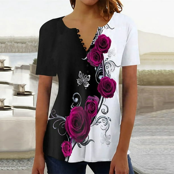 Gibobby Camiseta con cuello en V para mujer Camisas verano para mujer camisetas manga corta con cuello en V estampado 2023 camisetas con estampado floral tu Negro M Bodega Aurrera en linea