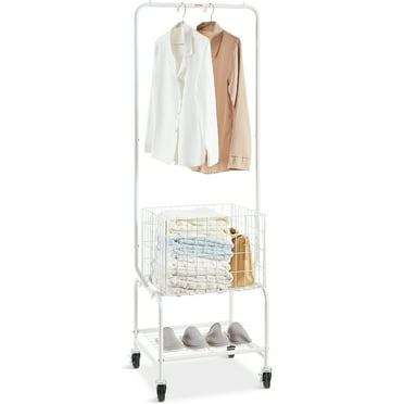 BENTISM 3 Tier Rolling Laundry Cart Laundry Butler with 4 Wheels Basket Storage Cart Hanging Rack Clothes Rack Bathroom White