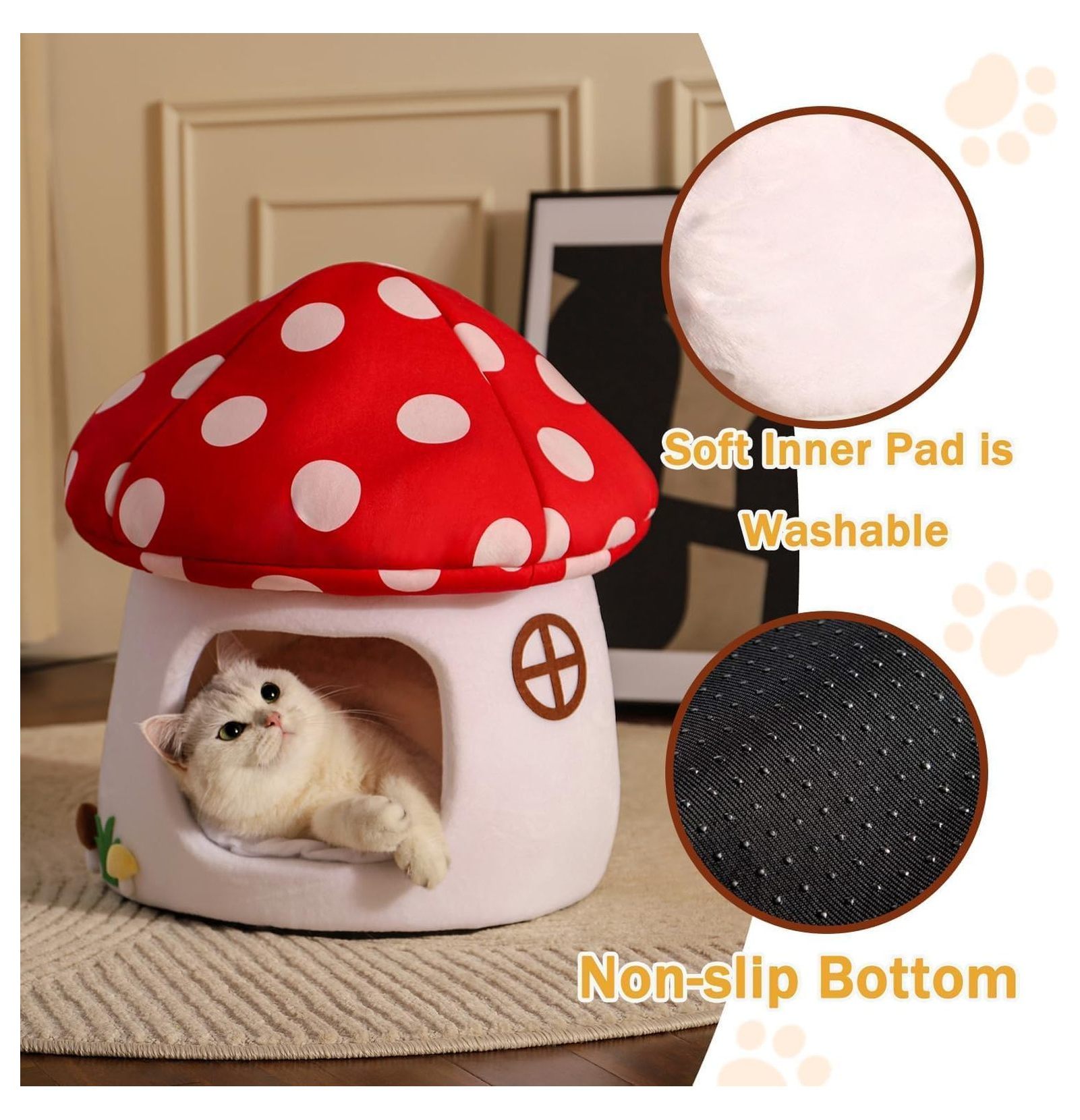 Mushroom Cat Bed for Indoor Cats & Small Dogs - Soft Plush Cave Bed with Removable Cushion, Cozy Pet Nest Tent - Red & White