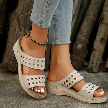 XDDST Medium Heel Beach Sandles Women's Summer Slope Heel Solid Color Open Toe Embroidery Thick Bottom Slippers Sandals White