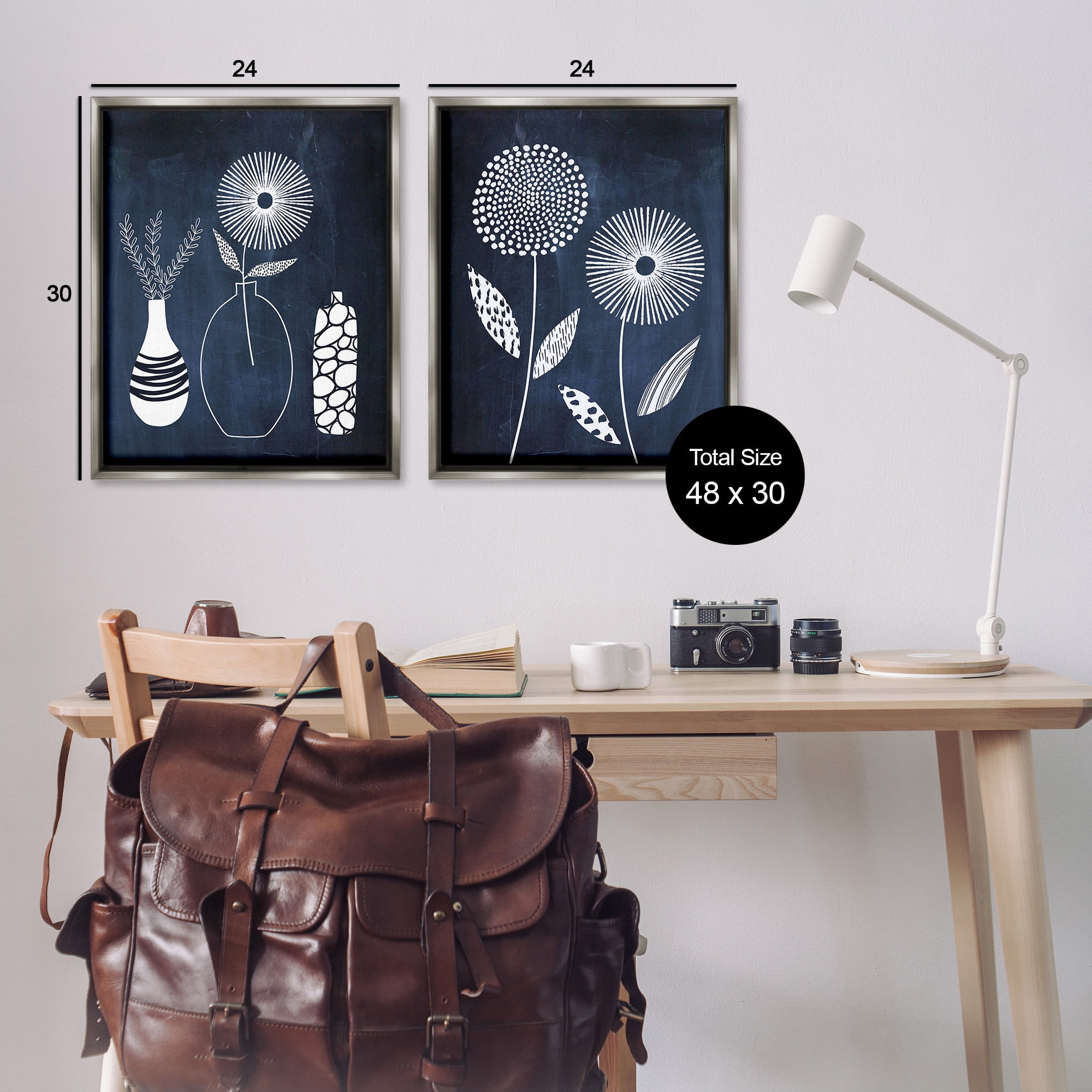Stupell Industries Structured Flowers on Blue Botanical & Floral Painting Gray Floater Framed Canvas Art Print Wall Art, 25 x 31, Set of 2