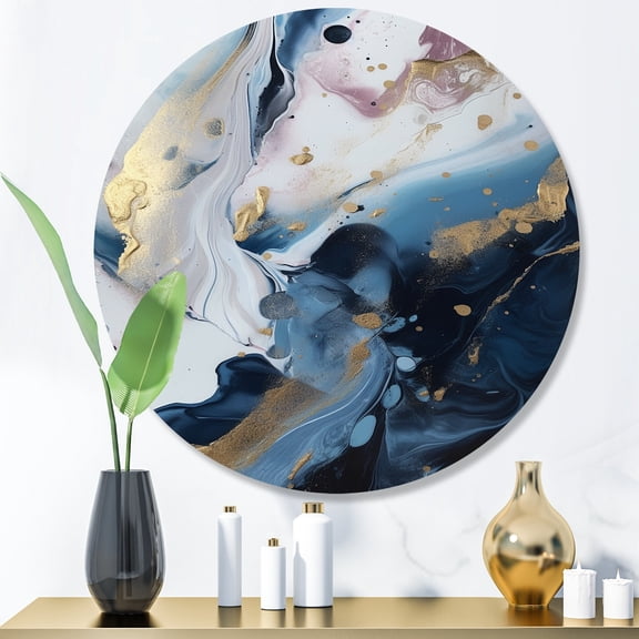 Designart "Enigmatic Stones Blue and White II" Abstract Marble Metal Round Wall Decor