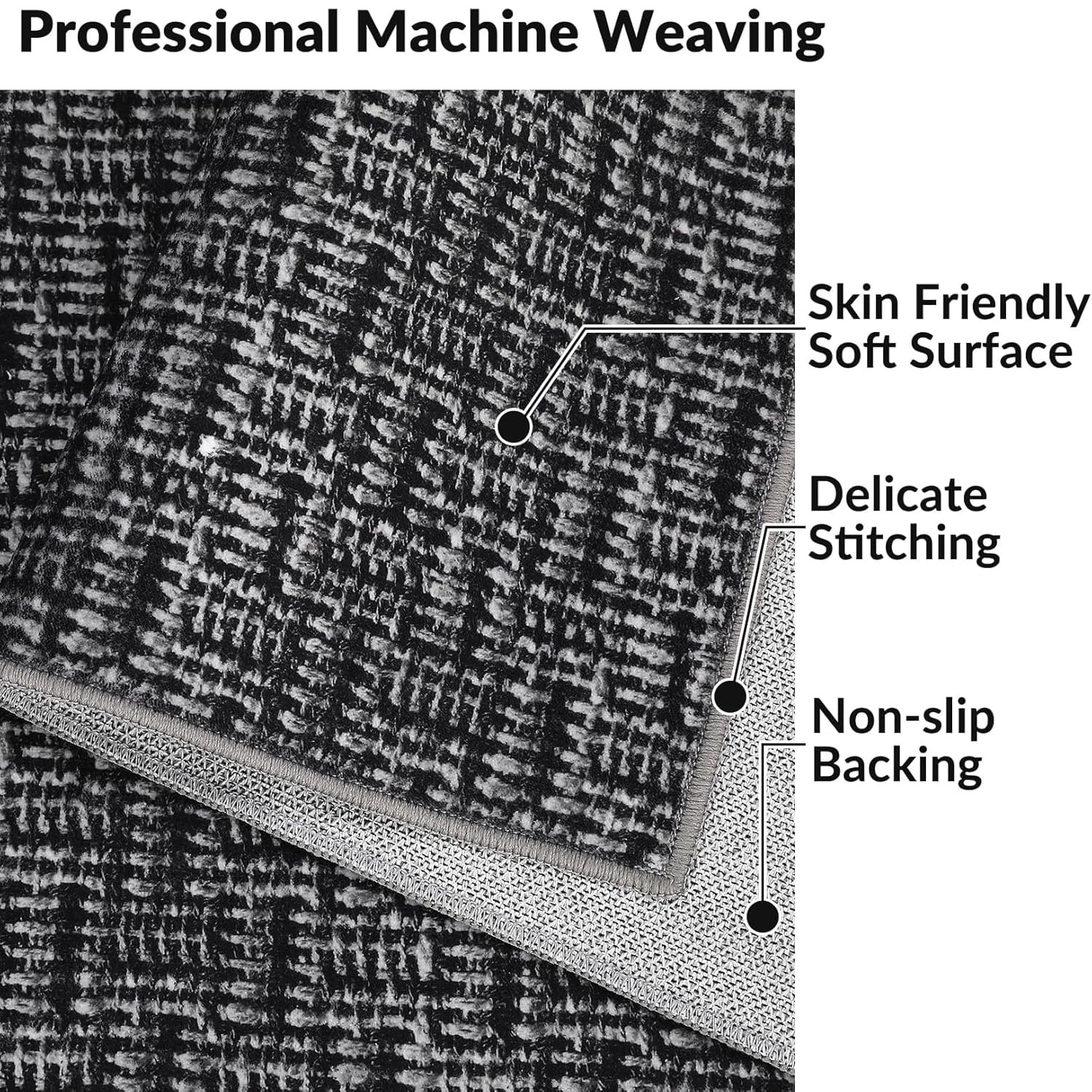 Tzou Washable Area Rugs 5x7 for Living Room, Low Pile Braid Print Indoor Carpet with Non-Slip Backing for Bedroom Dining Room(Black)