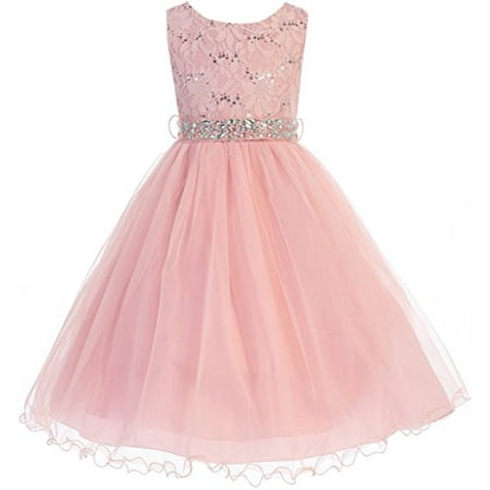 Girls Red Rhinestone - Big Girls' Lace Sequin Top Rhinestone Belt Flowers Girls Dresses Blush 10 (J36K70)