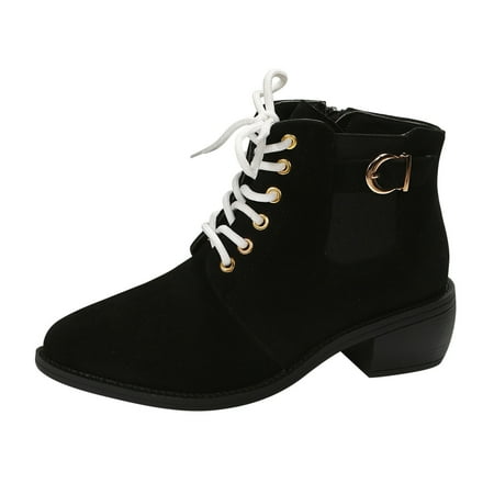 

Fsqjgq Women s Boots Wedge Heel Ladies Fashion Solid Color Suede Belt Buckle Pointed Thick Heel Lace Up Short Boots Tan Suede Booties Black 39