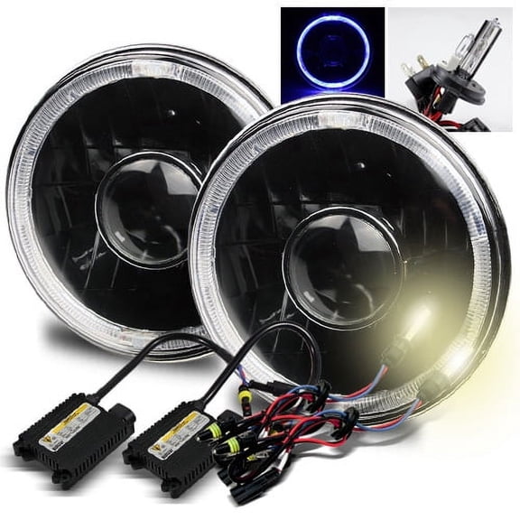 Modifystreet 4300K H4-2 HID   Blue LED Halo H6014/H6015/H6017/H6052/H6024 7" Round Semi-Sealed Beam Projector Headlights Conversion Kit - Black Housing