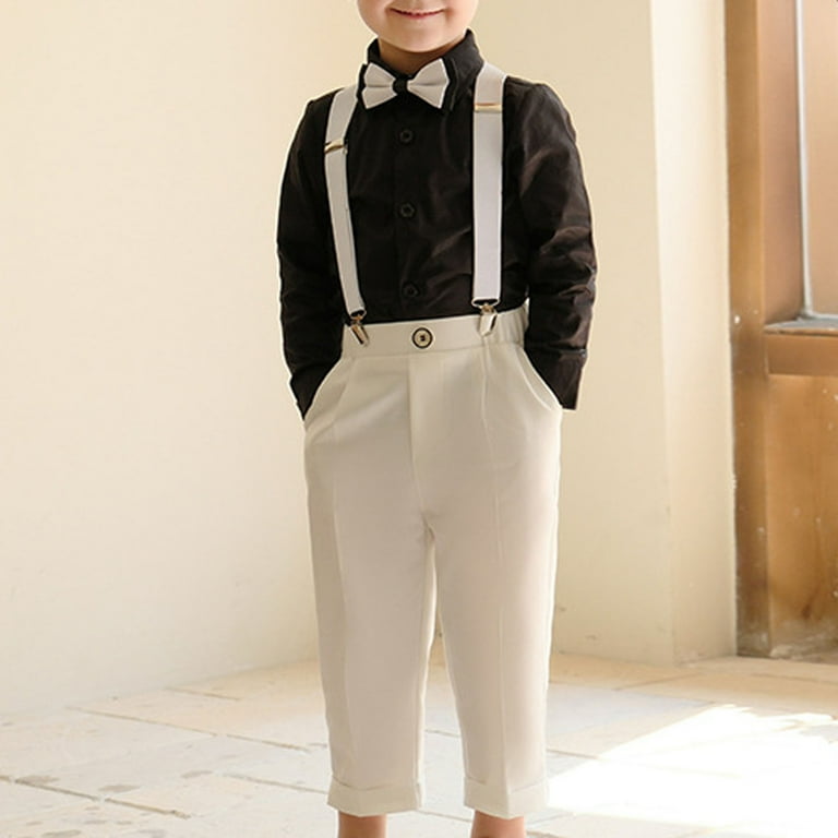 vokkrv Boy's Dress Suit Long Sleeve Bow Tie Shirt Suspenders Pants Outfits Set White 4-5 Years, Adult Unisex