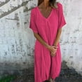 thumbnail image 1 of mfyjkho Vestidos para mujer, Vestido informal de lino para mujer, de primavera y verano, con falda fina y suelta, manga corta, escote en V, color liso Vestidos festivos para mujer s, 1 of 8