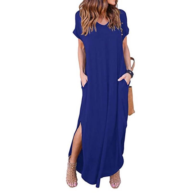 Sonducket Vestido de mujer con cuello en V Abertura Vestido largo Chica Ropa de manga corta Vestidos azul XL