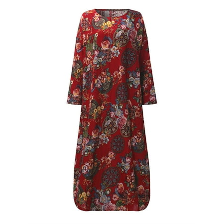 - Maternity Floral Print Long Sleeve O-Neck Baggy Cotton Pregnancy Dress