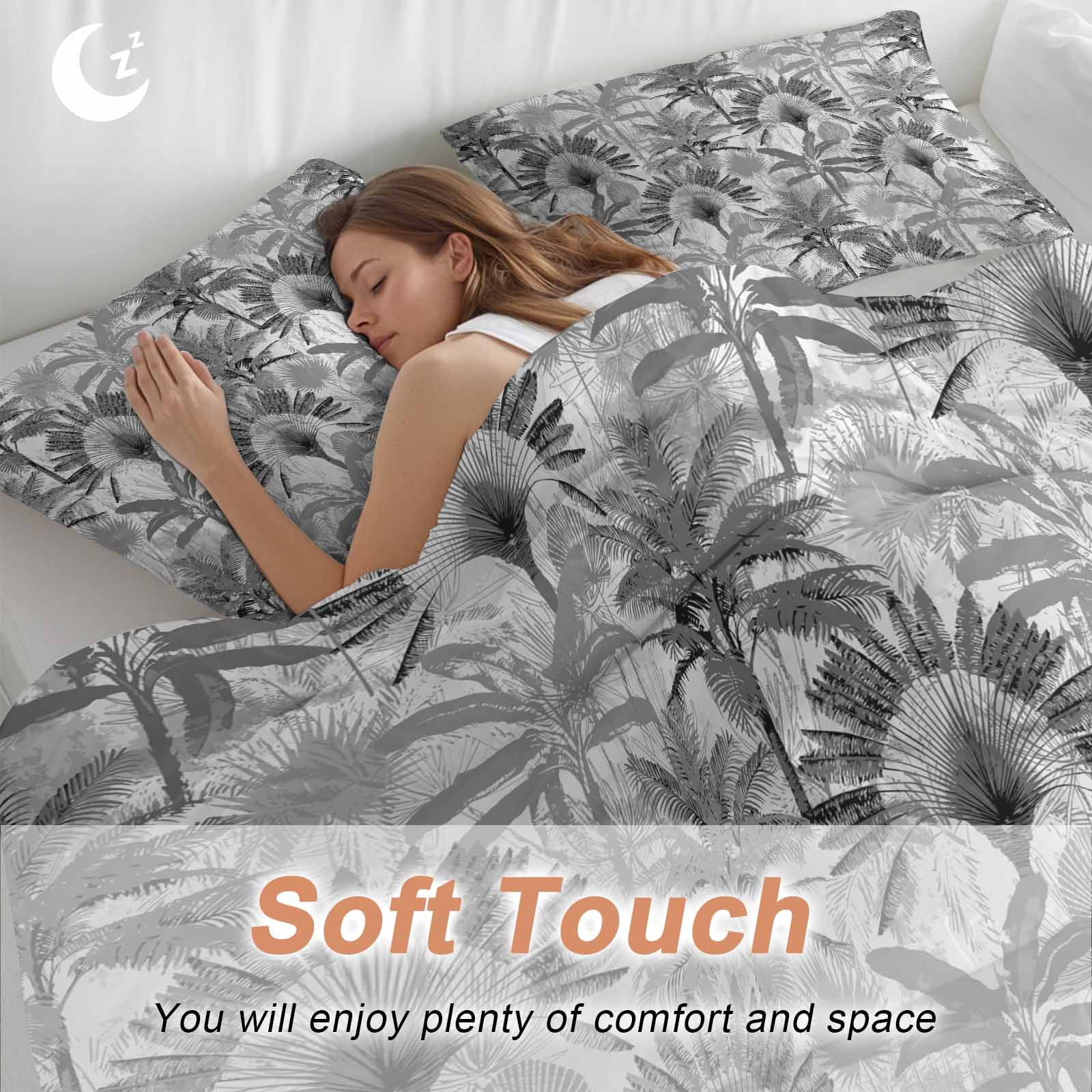 Grey Tropical Leaves Bedding 3 Piece Duvet Cover Set Full Size, Summer Palm Trees Botanical Soft Microfiber Comforter Cover with Zipper Closure & Pillowcases, Wrinkle & FadeResistant Quilt Cover