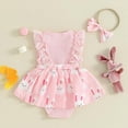 thumbnail image 5 of mgoYE Baby Girl Easter Outfit Ruffles Sleeve Floral Bunny Carrot Printed Romper Dress with Headband Summer Clothes(Red,0-3 Months), 5 of 7