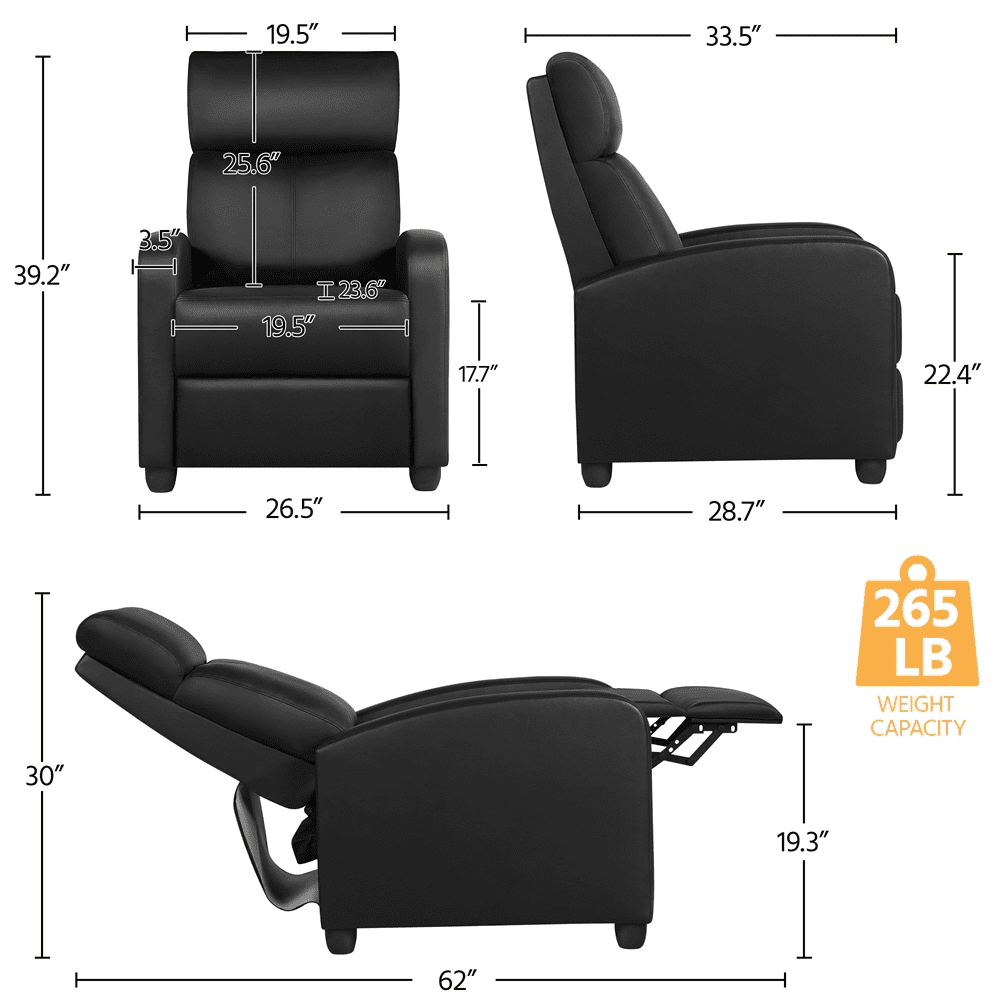 Alden Design Faux Leather Push Back Theater Recliner Chair with Footrest for Livingroom, Black