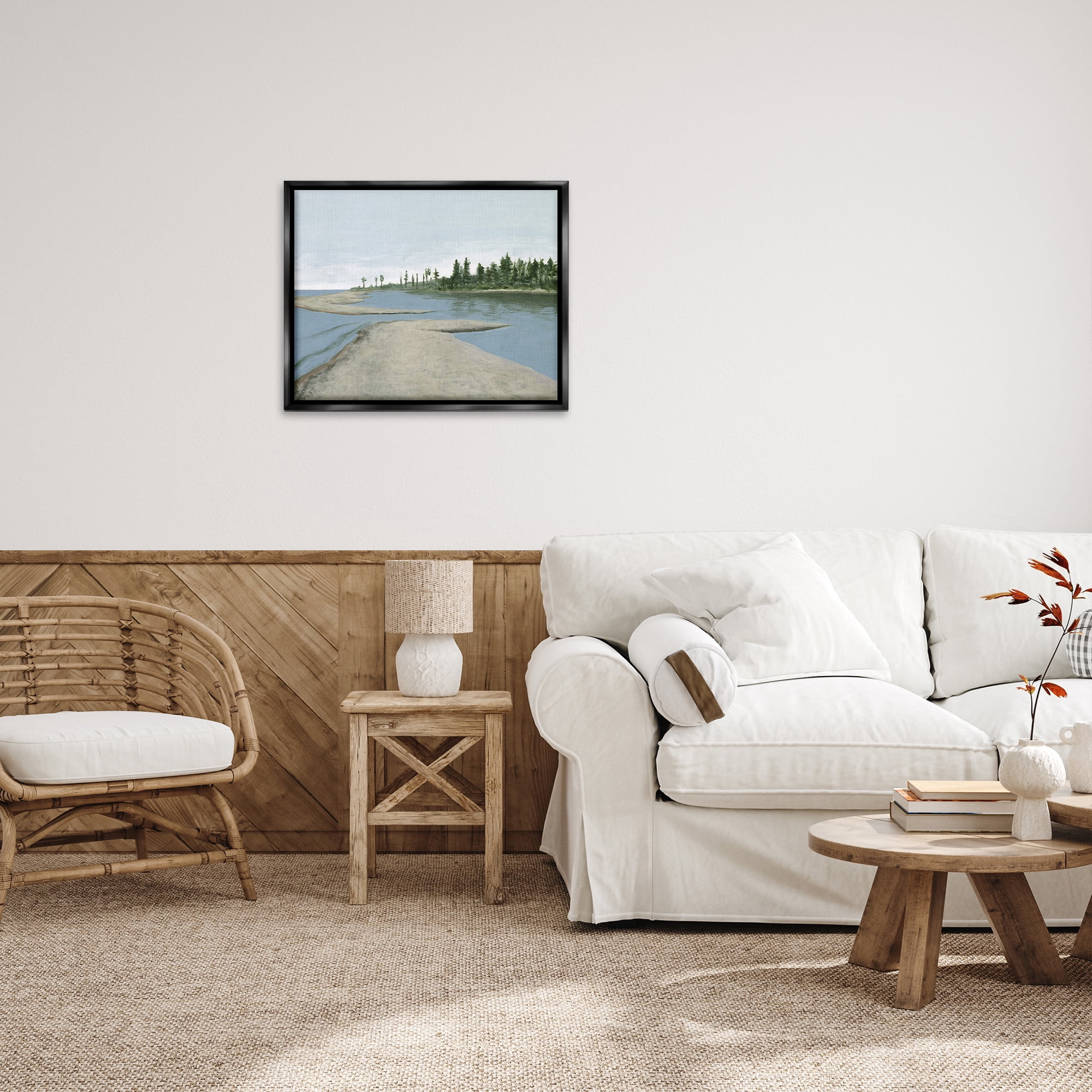 Stupell Industries Lake Waterfront Scenery Landscape Painting Black Floater Framed Canvas Art Print Wall Art, 31 x 25