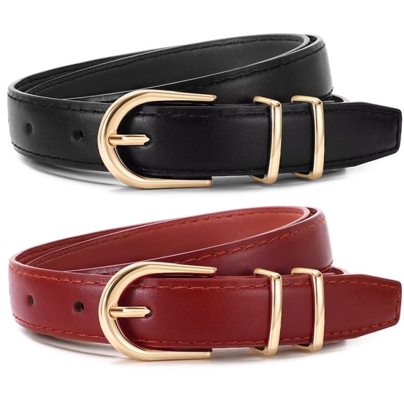 JASGOOD 2 Pack Belts for Women Fashion Skinny Leather Belt with Gold Buckle