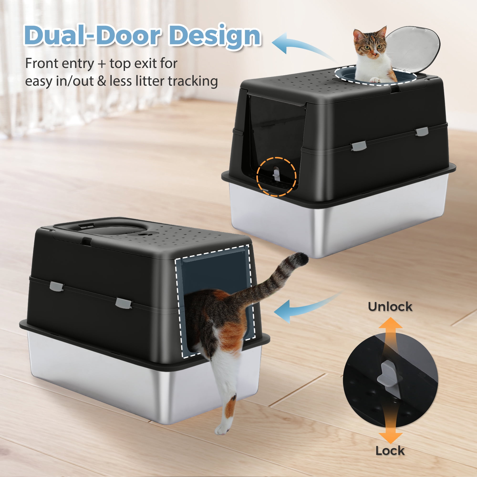 PAWZ Road Stainless Steel Litter Box, Enclosed Large Cat Litter Box with Scoop, Odor Control Easy Clean, Black