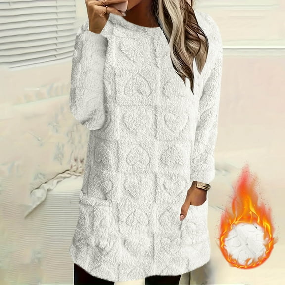 Xdegoge Fleece Sweatshirts for Women Mid Length Long Sleeve Fuzzy Pullover Tops Crewneck Heart Plaid Loose Pajama Soild Color Textured Casual Sweater 2025 Winter Sherpa Homewear with Pockets