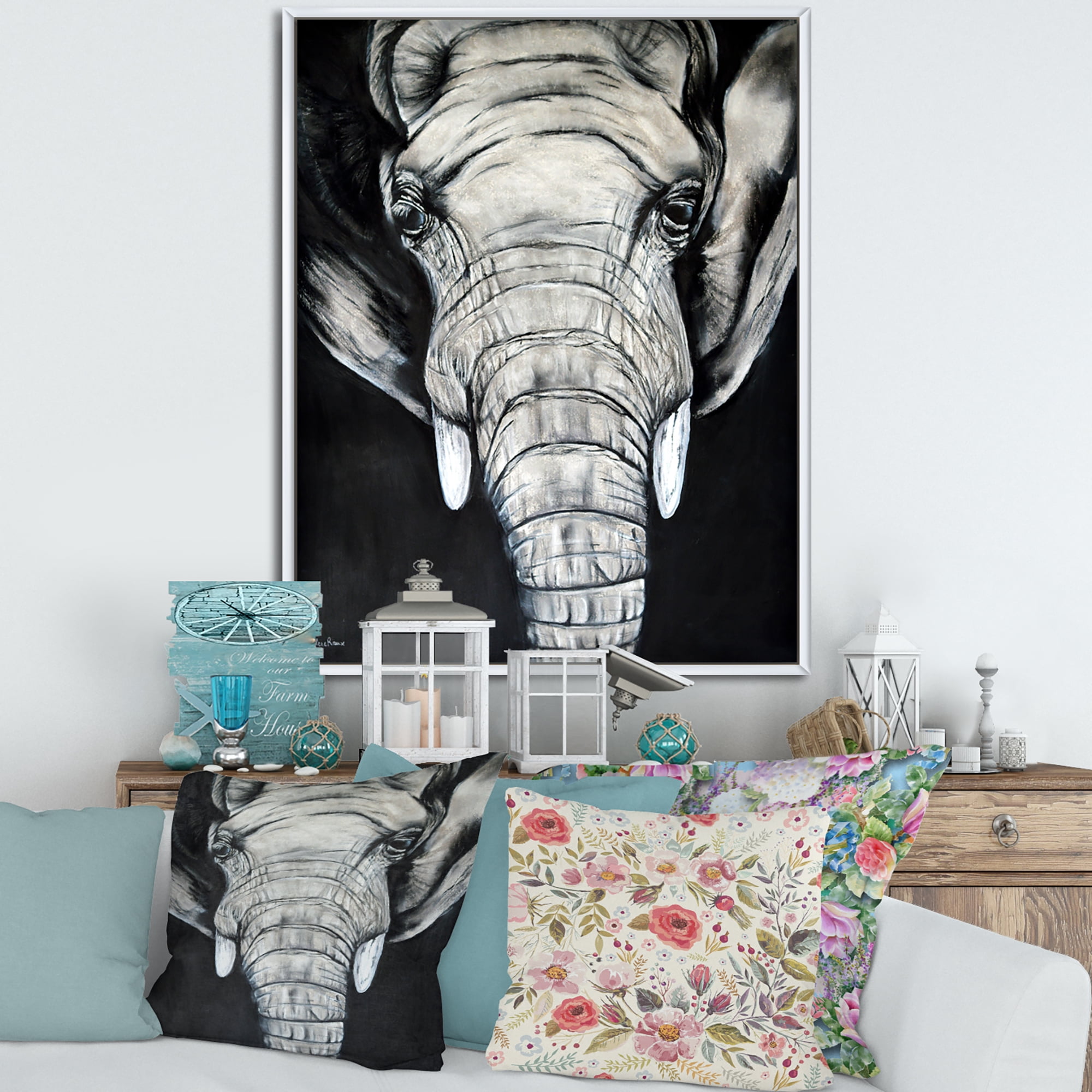 The Close Up Portrait Of An African Elephant 30 in x 40 in Framed Painting Canvas Art Print, by Designart