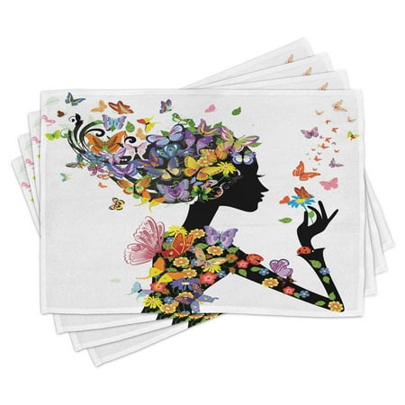

Butterflies Placemats Set of 4 Girl Fashion Flowers with Butterflies Ornamental Floral Foliage Nature Forest Washable Fabric Place Mats for Dining Room Kitchen Table Decor Multicolor by Ambesonne