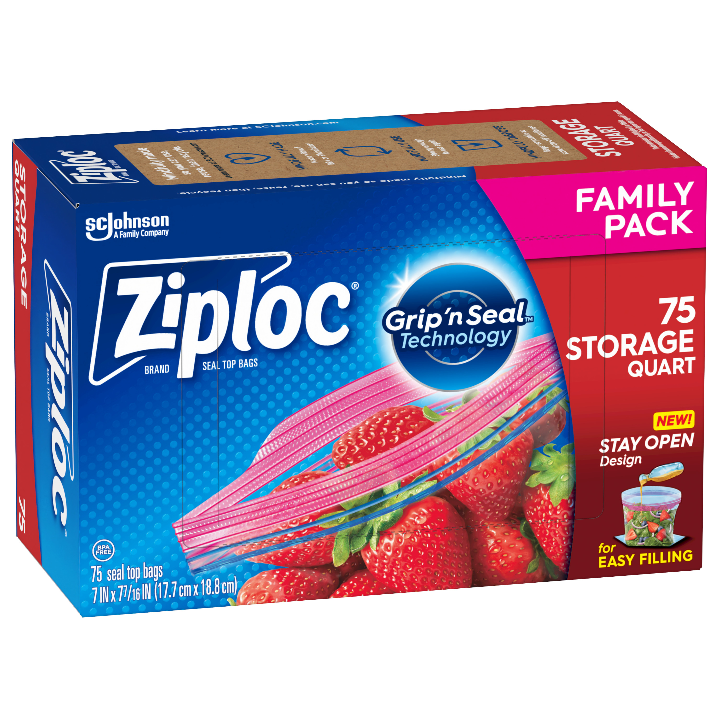 Ziploc® Brand Storage Bags with New Stay Open Design, Quart, 75 Count ...