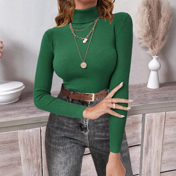 Women's Long Sleeve Turtleneck Ribbed Knit Slim Fit, Basic Thermal Underwear Base Layer Shirt Dark Green XL