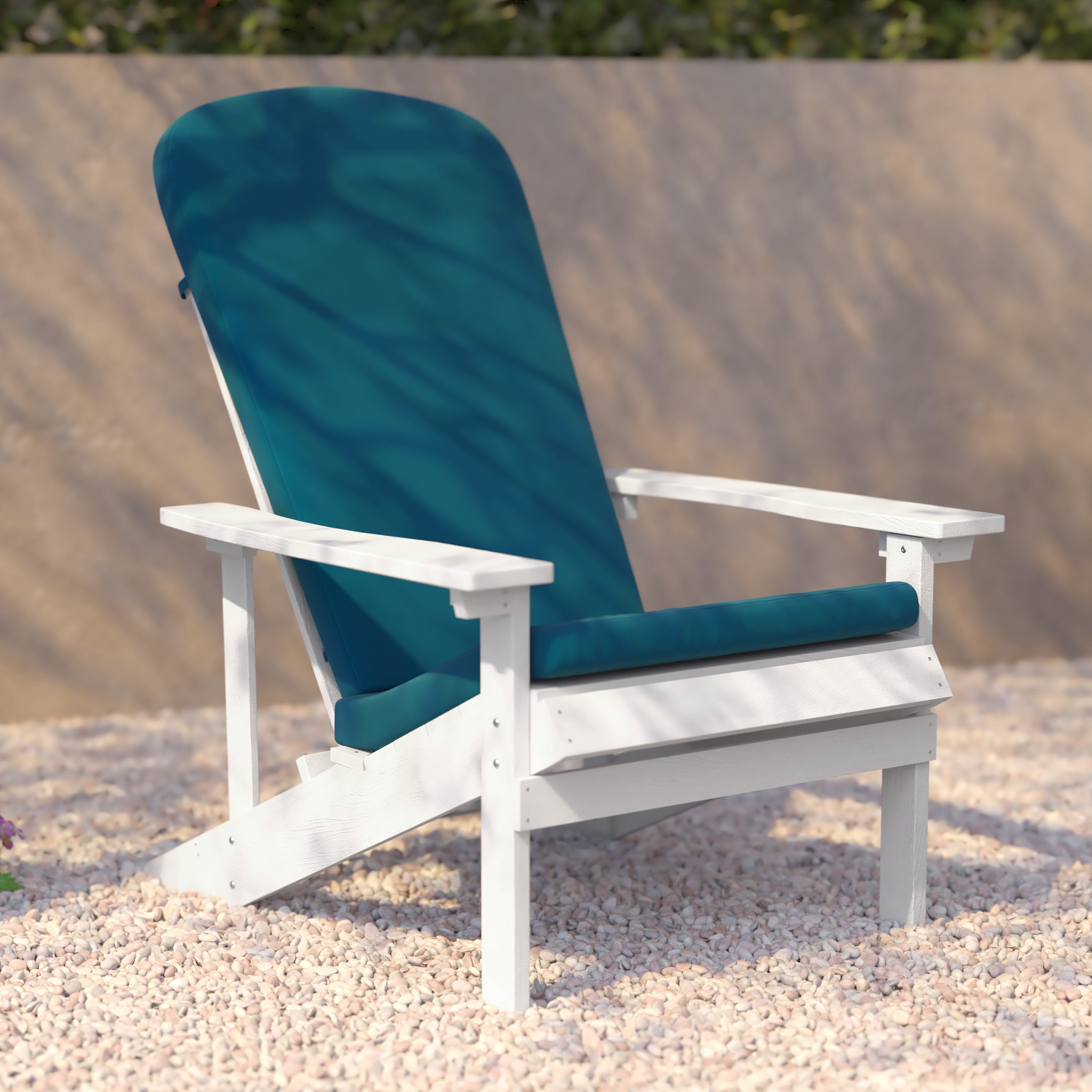 BizChair Set of 2 All-Weather Poly Resin Wood Adirondack Chairs in White with Teal Cushions for Deck, Porch, and Patio