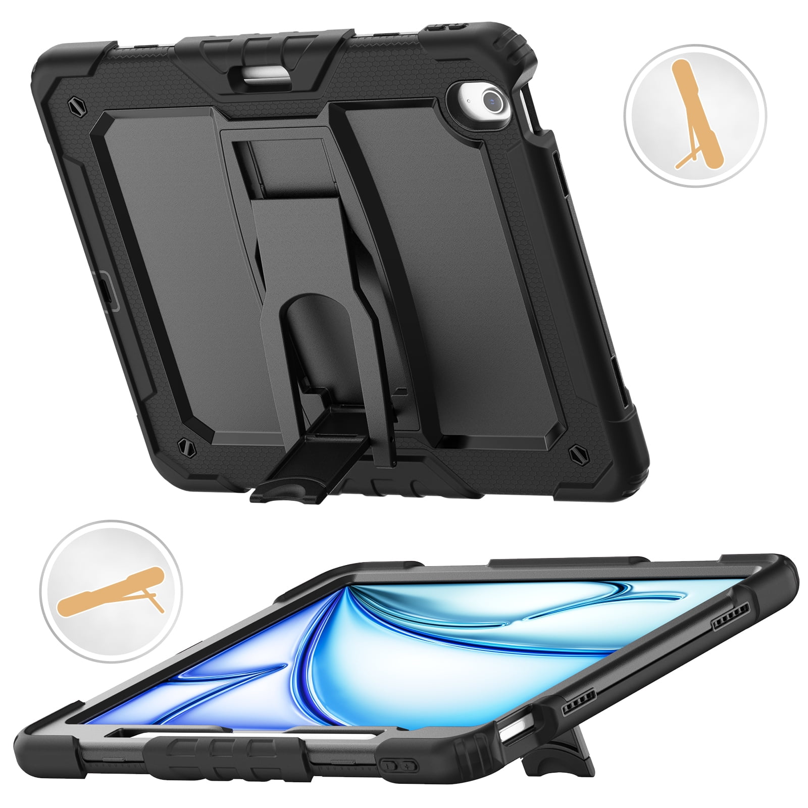 Rugged Case For iPad Pro 13 2024 – 3-Layer Protection Shockproof Stand Cover with Screen Protector, Adjustable Stand, Shoulder Strap, & Pencil Holder -- Black
