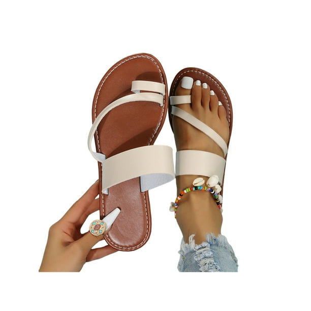 Woobling Women's Flip Flops Clip Toe Flat Sandals Strappy Slide Sandal Comfort  Casual Shoes Ladies Lightweight Slip On Slides Beige 5 