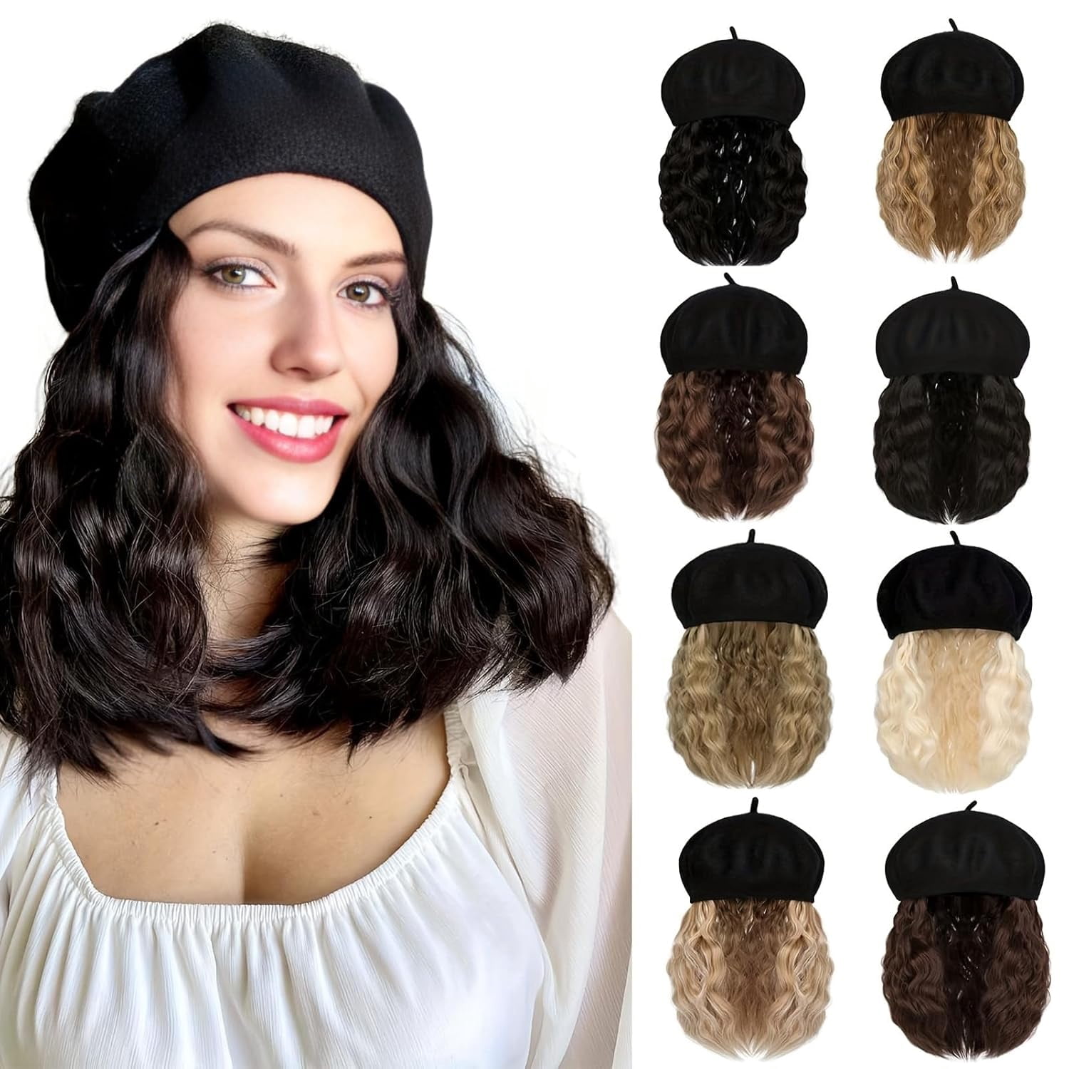 YEKEYI Wig Hat Wool Berets Extensions Stretchable Solid Cap Attached with Hair Curly Bob Synthetic Hairpiece Cap