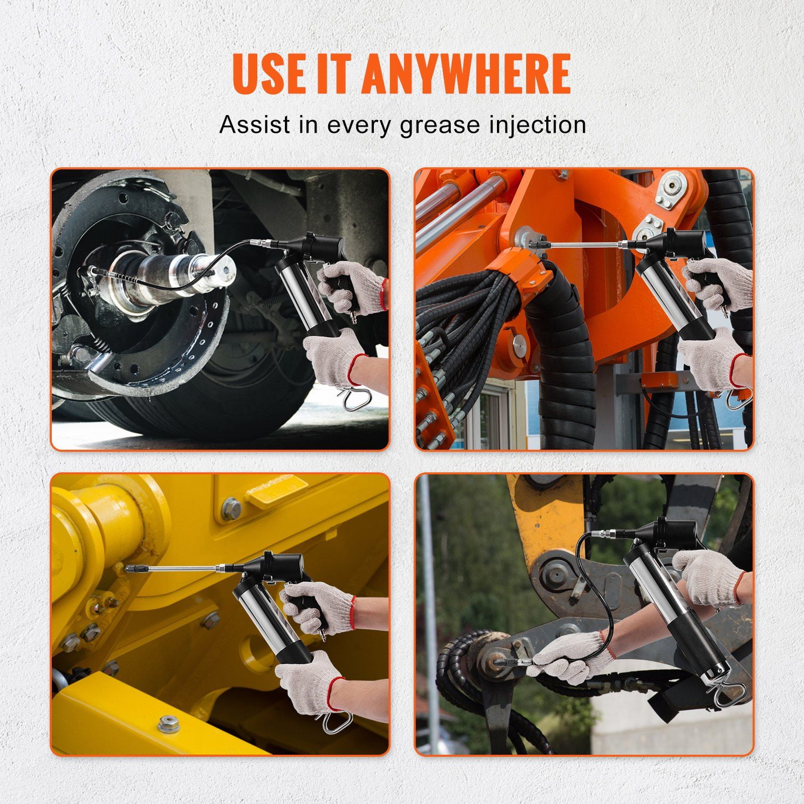 HCY Air Operated Grease Gun, 6000PSI, 14 OZ/400 CC Capacity Heavy Duty Pneumatic Grease Gun, with 18.5 Inch Flexible Hose, 1 Black Flat Coupler Pointed Coupler Bent Metal Pipe Locking Clamp Coupler