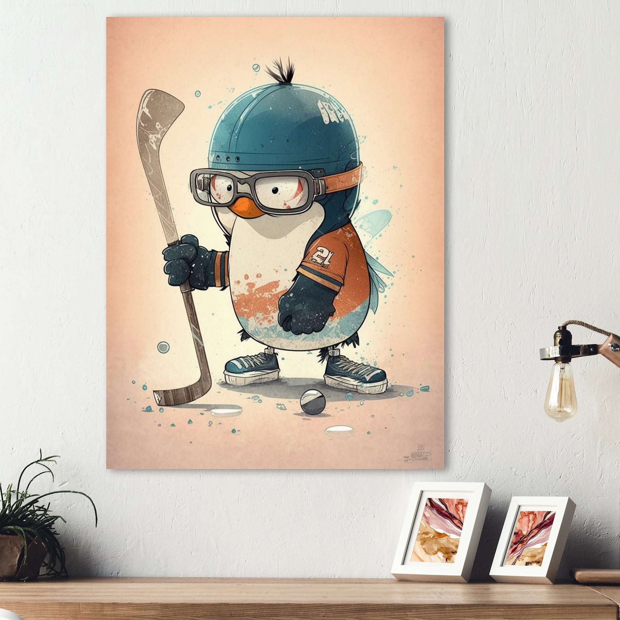 Designart Anime Hockey Penguin Canvas Wall Art