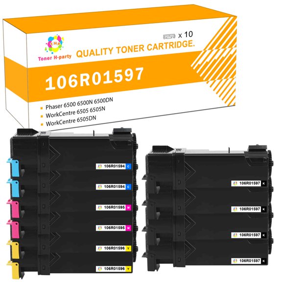 Toner H-Party 10-Pack Compatible Toner Cartridge for Xerox 106R01597 Phaser 6500 6500N 6500DN, WorkCentre6505 6505N 6505D Printer Ink 4x Black, 2x Cyan, 2x Magenta, 2x Yellow