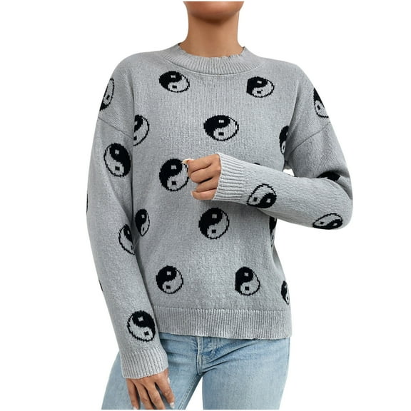 TFEOQRY Pullover Sweater for Women Halloween Printed Knitwear Long Sleeved Round Neck Sweater Top Gray