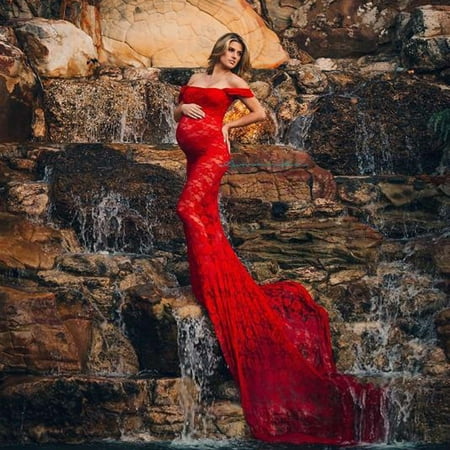 

Pregnant Women Mermaid Long Maxi One Shoulder Gown Photo Shoot Maternity V Neck Lace Dress Baby Shower Pregnants Photography Props Off Shoulder Sleeveless Maternity Solid Dress