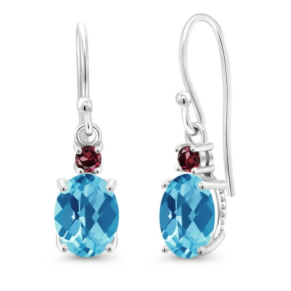 Gem Stone King 10K White Gold Swiss Blue Topaz and Red Rhodolite Garnet Dangle Earrings for Women (2.78 Cttw, Gemstone Birthstone, Oval 8x6mm)