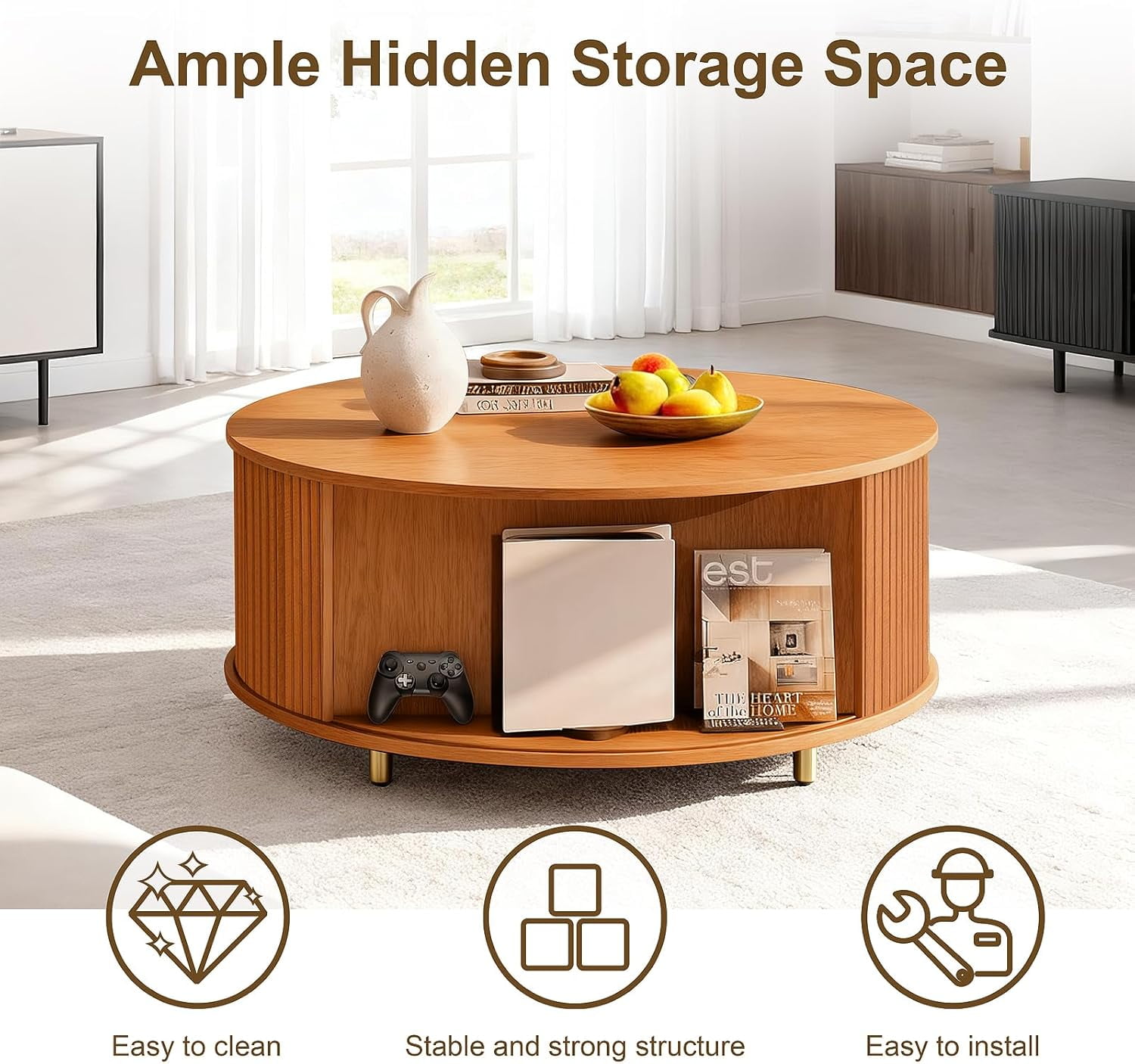 31.5-Inch Round Mid-Century Modern Coffee Table with 360° Sliding Tambour Door, Fluted Design, Storage, Adjustable Footpads, Yellow Walnut